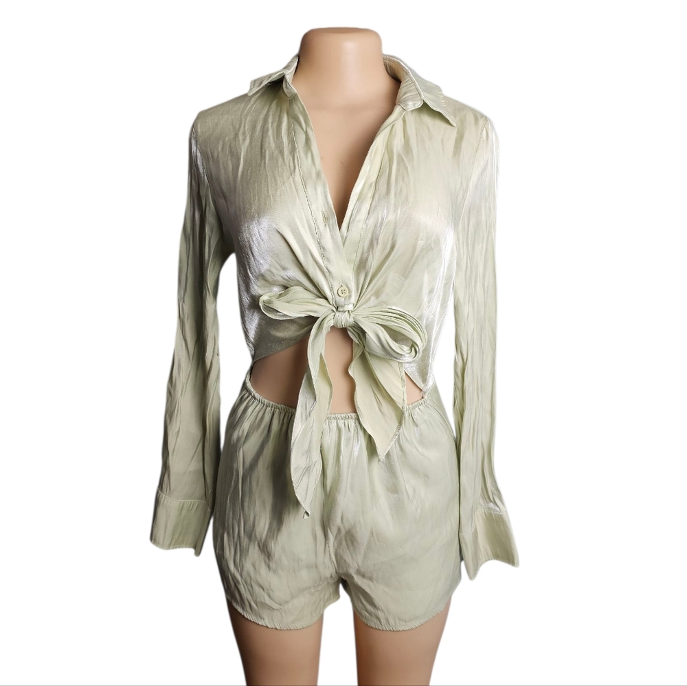 Cloud Ten Satin Tie-Front Romper High Shine